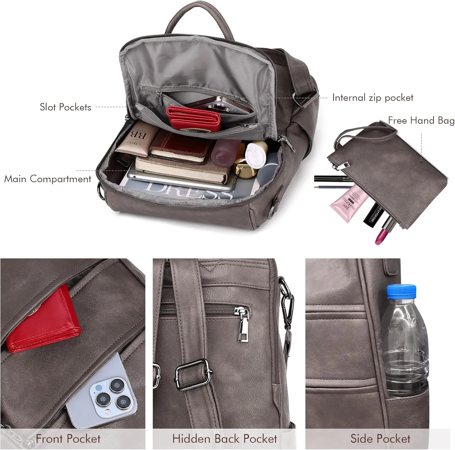 PU Leather Backpack Purse for Women, Multipurpose Design Shoulder Bag Handbags Convertible Fashion Travel bag with Wristlet