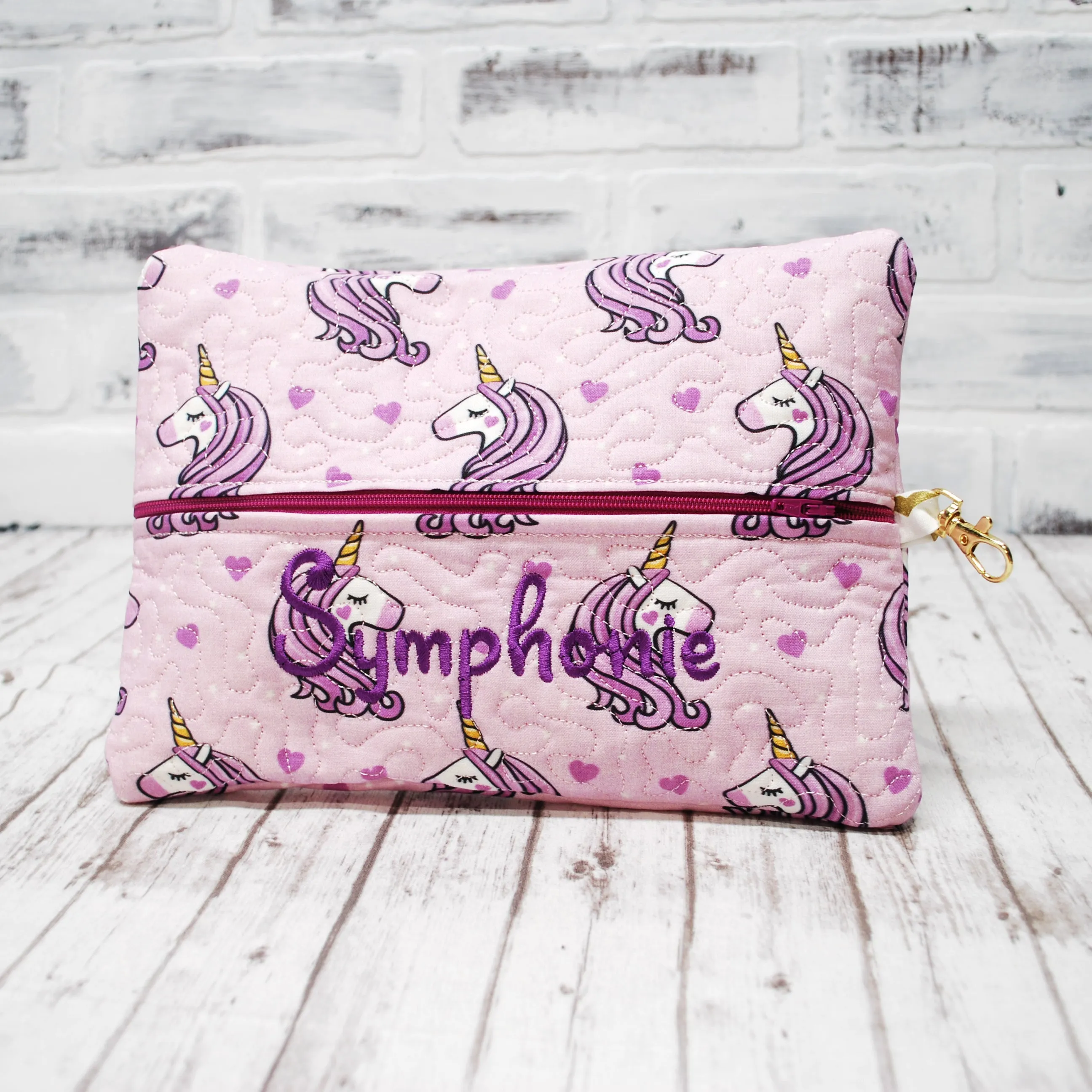 Purple and Gold Unicorns Personalized Quilted Pouch