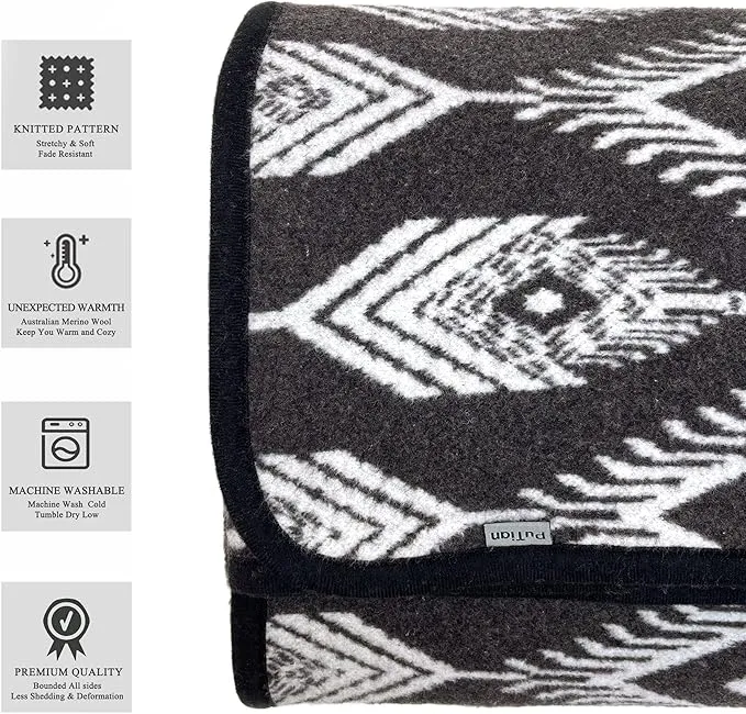 PuTian Merino Wool Blanket Camping Outdoor Blanket - 63" x 51" Bohemia Grey Great for Camping, Outdoors, Sporting Events, Survival & Emergency Kits -Super Soft Wool Blanket