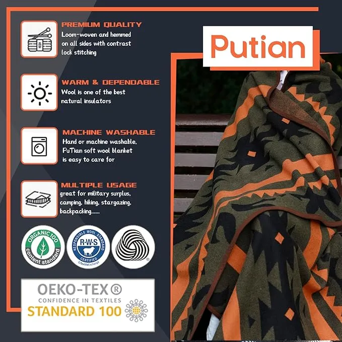 PuTian Merino Wool Blanket - Warm, Thick, Washable, 87" x 63" Large Throw for Outdoors, Camping,Couch, Bed, Travel - Super Soft Wool Blanket (Striped Fire Green)
