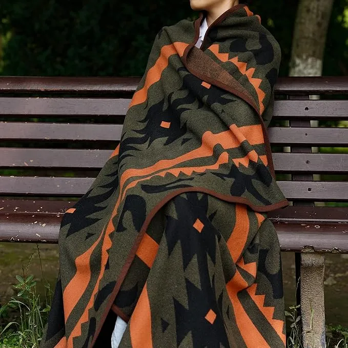 PuTian Merino Wool Blanket - Warm, Thick, Washable, 87" x 63" Large Throw for Outdoors, Camping,Couch, Bed, Travel - Super Soft Wool Blanket (Striped Fire Green)