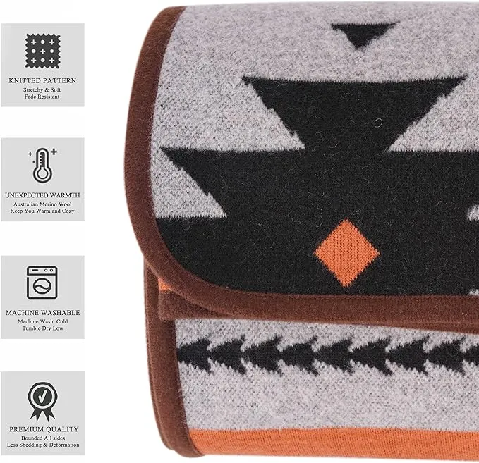PuTian Merino Wool Blanket - Warm, Thick, Washable, 87" x 63" Large Throw for Outdoors, Camping,Couch, Bed, Travel - Super Soft Wool Blanket (Striped Fire Grey)