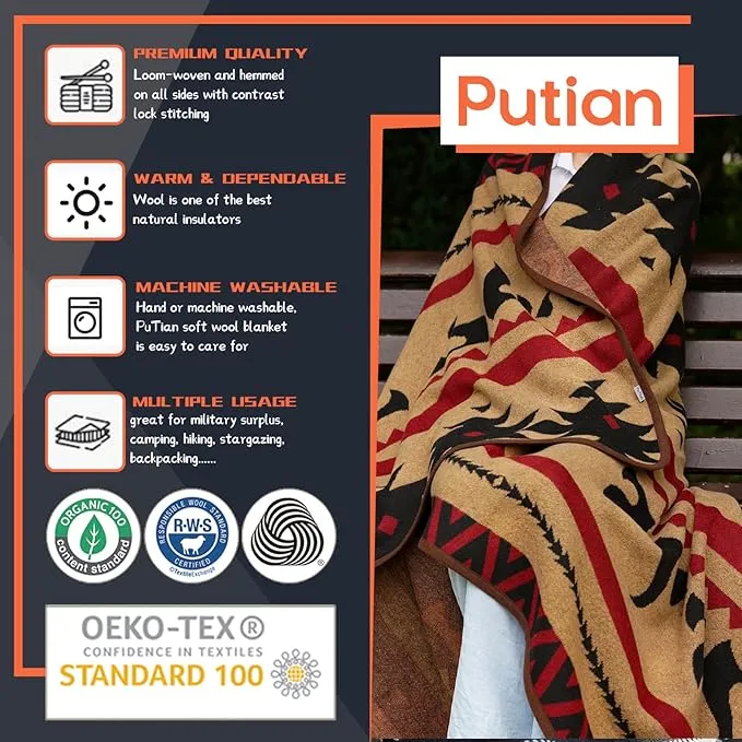 PuTian Merino Wool Blanket - Warm, Thick, Washable, 87" x 63" Large Throw for Outdoors, Camping,Couch, Bed, Travel - Super Soft Wool Blanket (Striped Fire Light Tan)