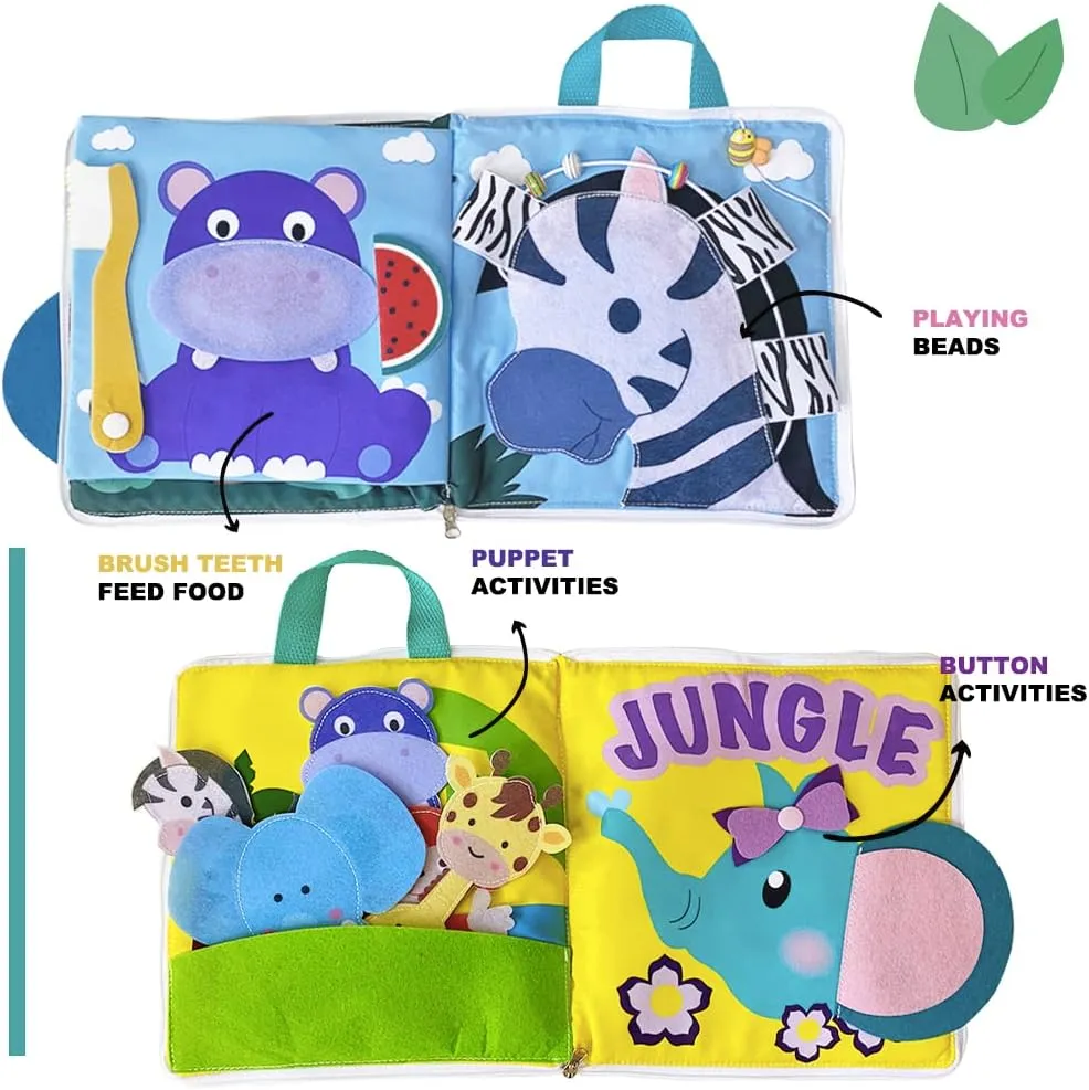 Quiet Book for Toddler - Montessori Kids Quiet Book for Girl & Boy - Activity Travel Toddler Busy Book -Jungle Theme Fabric Book Preschool Educational Toy with Sensory Activities(Jungle)