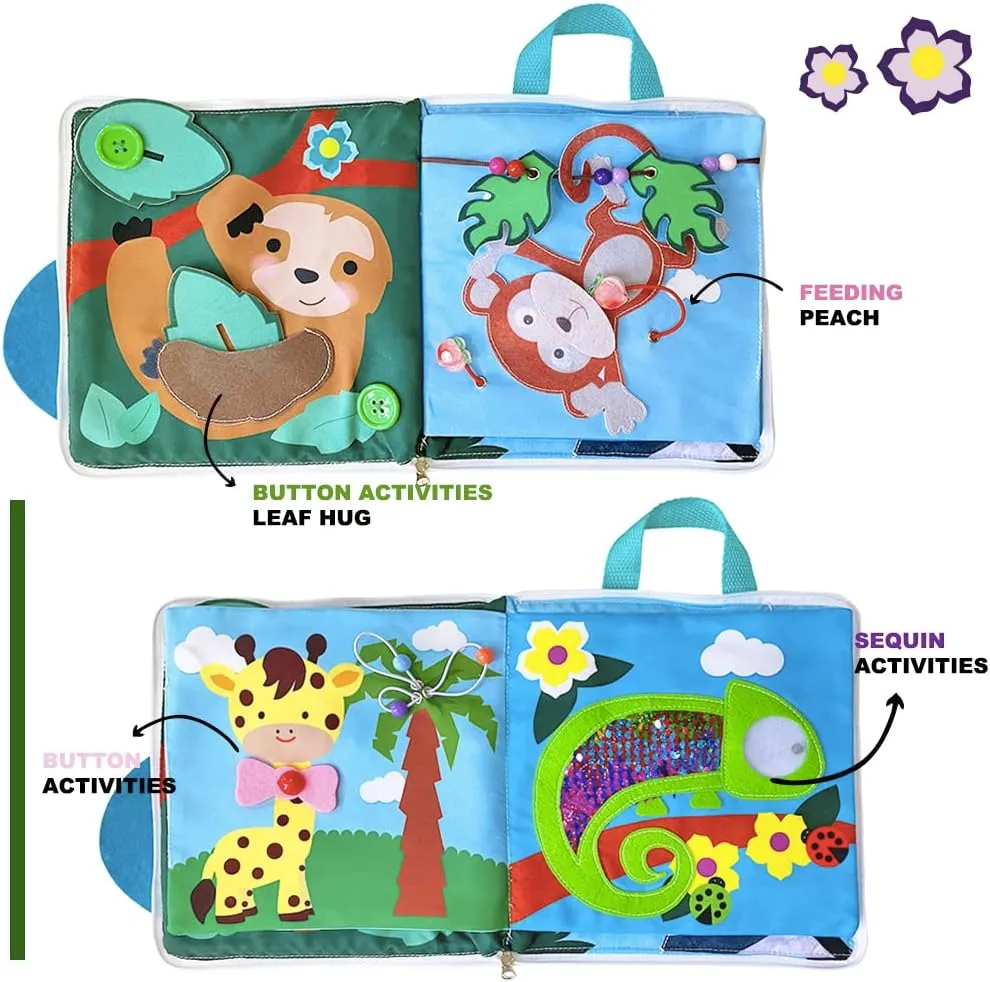 Quiet Book for Toddler - Montessori Kids Quiet Book for Girl & Boy - Activity Travel Toddler Busy Book -Jungle Theme Fabric Book Preschool Educational Toy with Sensory Activities(Jungle)