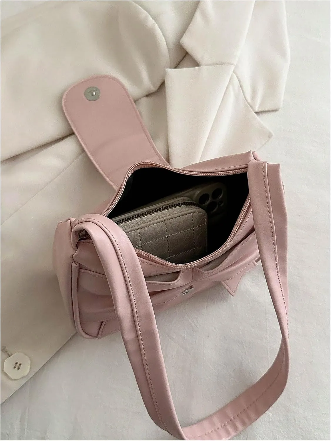 QWINEE Women's Bow Purse Y2k Shoulder Bag Coquette PU Leather Shoulder Bag Small Handbag Purses