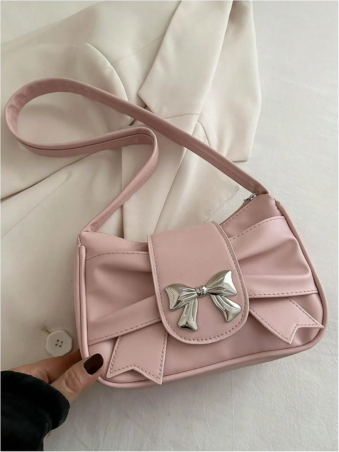 QWINEE Women's Bow Purse Y2k Shoulder Bag Coquette PU Leather Shoulder Bag Small Handbag Purses
