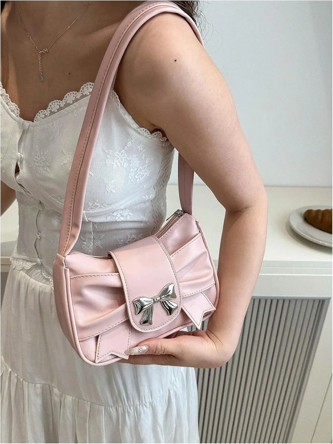QWINEE Women's Bow Purse Y2k Shoulder Bag Coquette PU Leather Shoulder Bag Small Handbag Purses