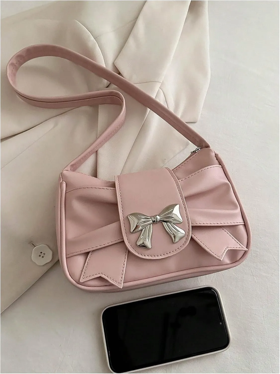 QWINEE Women's Bow Purse Y2k Shoulder Bag Coquette PU Leather Shoulder Bag Small Handbag Purses