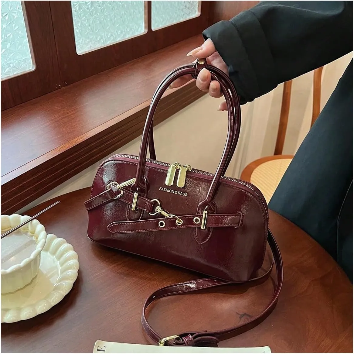 QWINEE Women's Faux Leather Crossbody Bag Retro Double Handle Satchel Purses Zipper Shoulder Bag