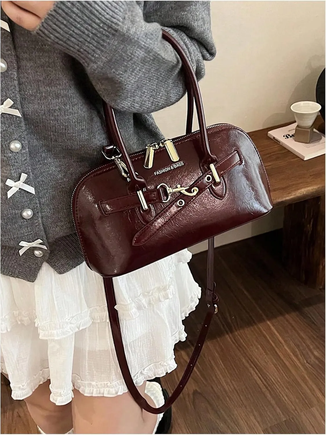 QWINEE Women's Faux Leather Crossbody Bag Retro Double Handle Satchel Purses Zipper Shoulder Bag