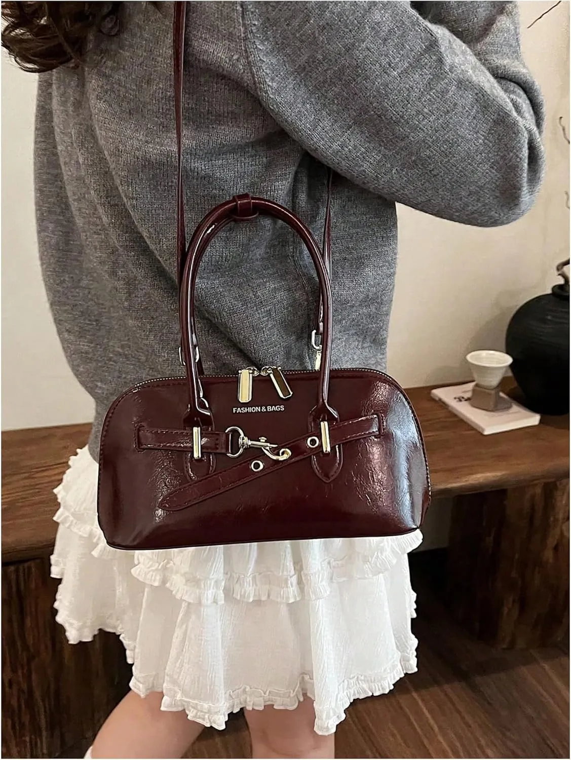 QWINEE Women's Faux Leather Crossbody Bag Retro Double Handle Satchel Purses Zipper Shoulder Bag