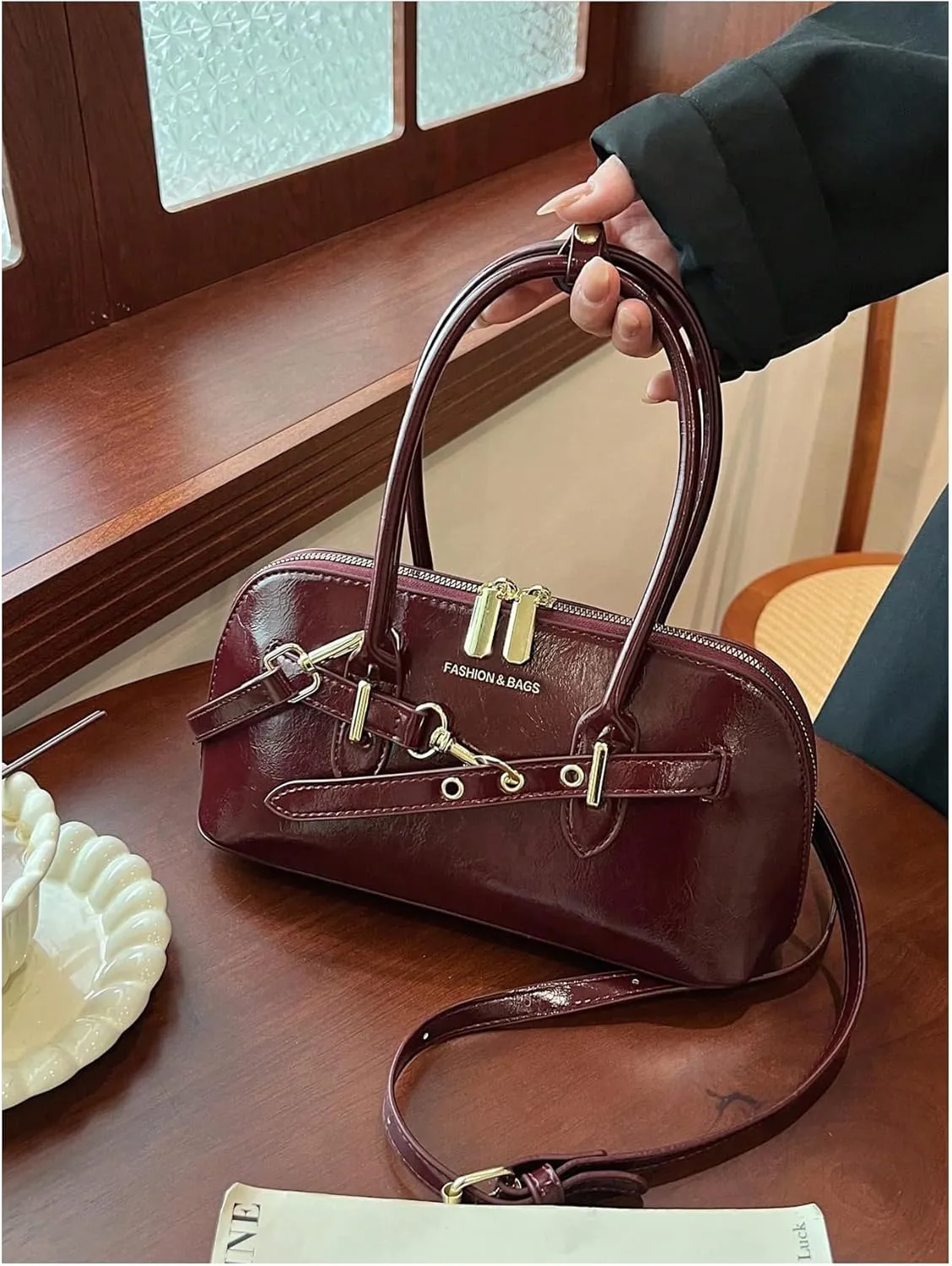 QWINEE Women's Faux Leather Crossbody Bag Retro Double Handle Satchel Purses Zipper Shoulder Bag