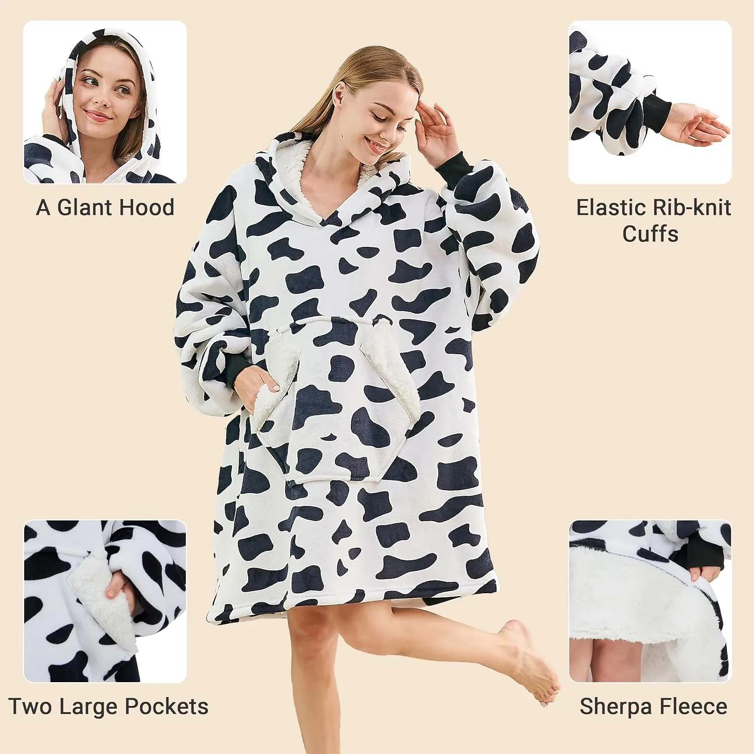 Ramees Wearable Blanket Hoodie, Oversized Sherpa Fleece Sweatshirt Blanket with Sleeves and Pockets (Cow)