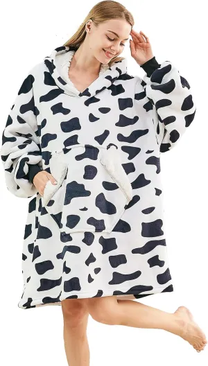 Ramees Wearable Blanket Hoodie, Oversized Sherpa Fleece Sweatshirt Blanket with Sleeves and Pockets (Cow)