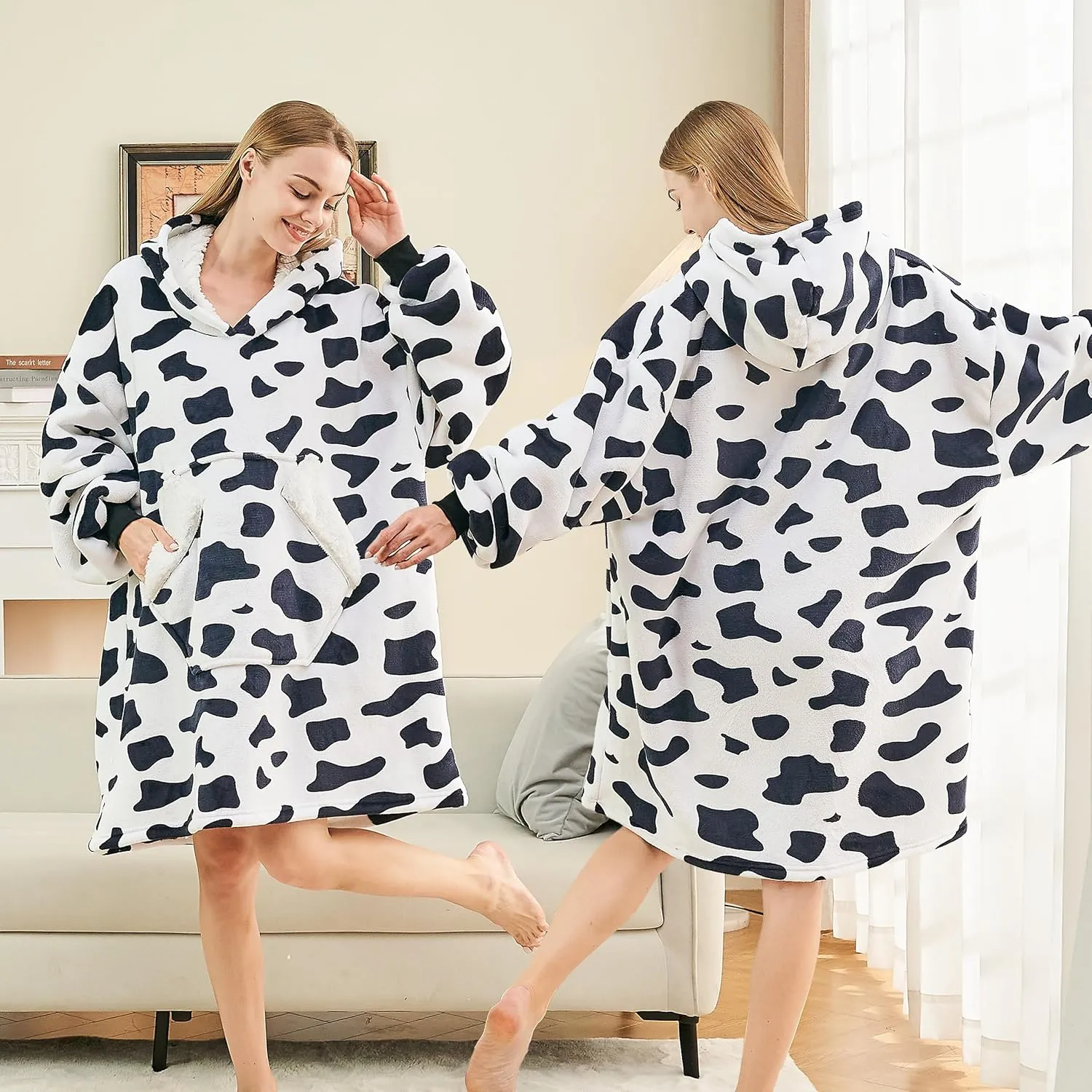 Ramees Wearable Blanket Hoodie, Oversized Sherpa Fleece Sweatshirt Blanket with Sleeves and Pockets (Cow)