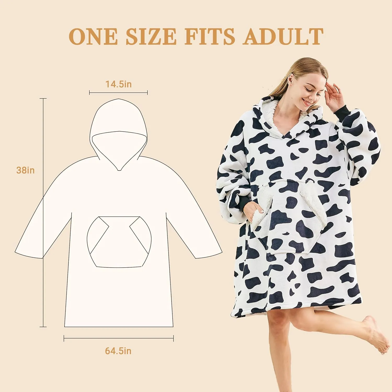Ramees Wearable Blanket Hoodie, Oversized Sherpa Fleece Sweatshirt Blanket with Sleeves and Pockets (Cow)