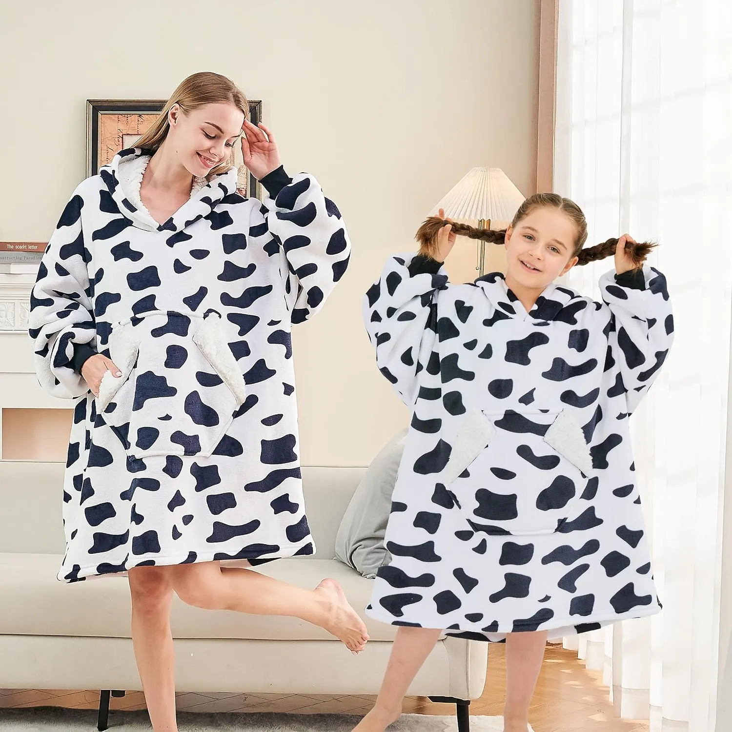 Ramees Wearable Blanket Hoodie, Oversized Sherpa Fleece Sweatshirt Blanket with Sleeves and Pockets (Cow)