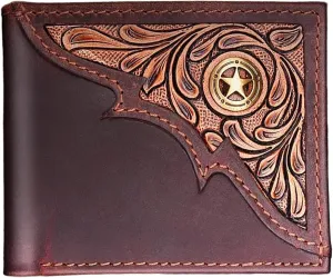 RAW HYD Bifold Wallet for Men (Bourbon Brown) - RFID Blocking Men’s Leather Wallet w/Star Concho - Full Grain, Tooled RFID wallet for men - Slim & Compact Cowboy Wallet - Great Western Gifts for Men