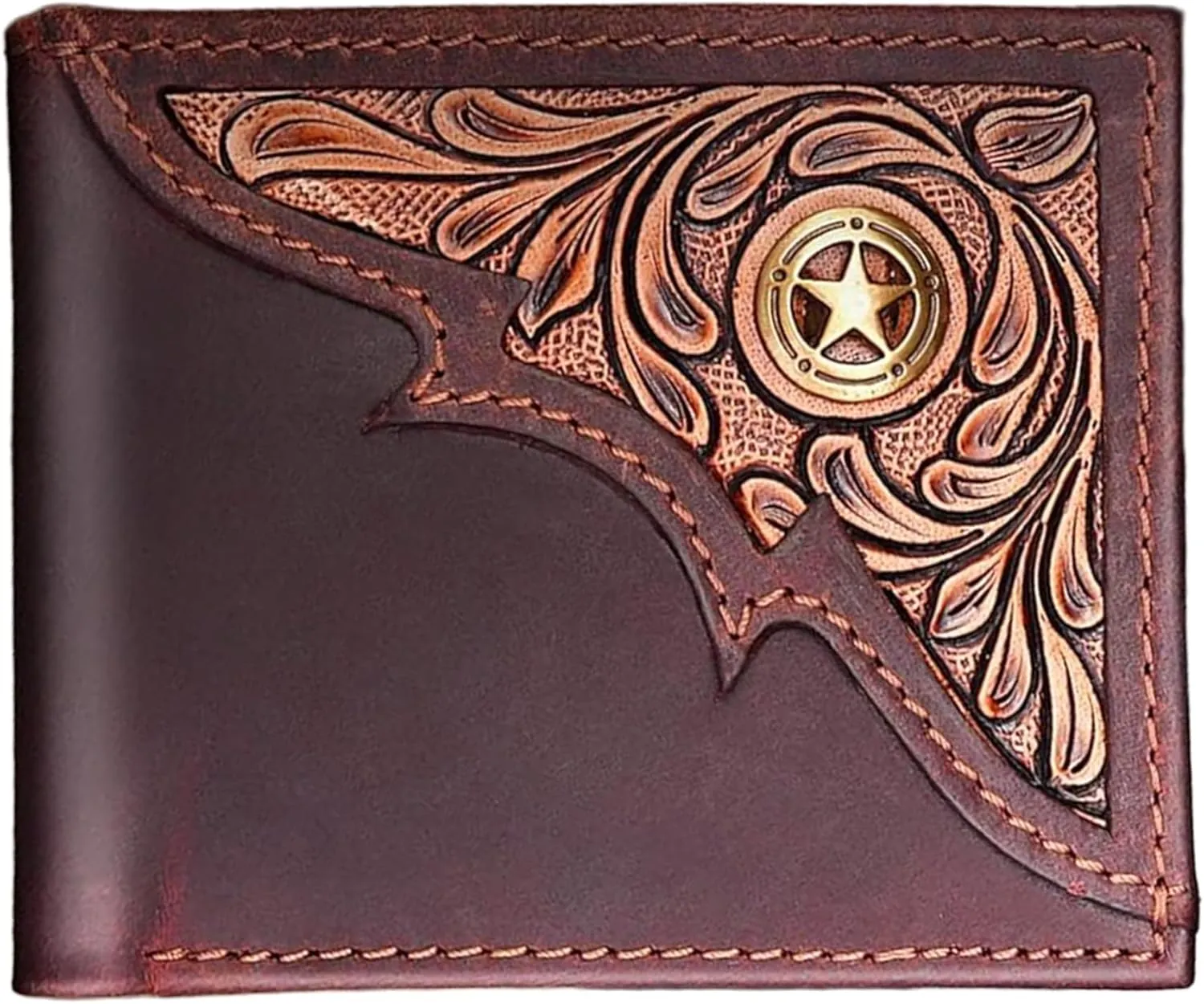 RAW HYD Bifold Wallet for Men (Bourbon Brown) - RFID Blocking Men’s Leather Wallet w/Star Concho - Full Grain, Tooled RFID wallet for men - Slim & Compact Cowboy Wallet - Great Western Gifts for Men