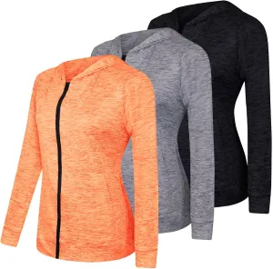 Real Essentials 3 Pack: Womens Dry-Fit Long Sleeve Quarter Zip & Full Zip Up Hoodie Workout Jacket (Available in Plus)