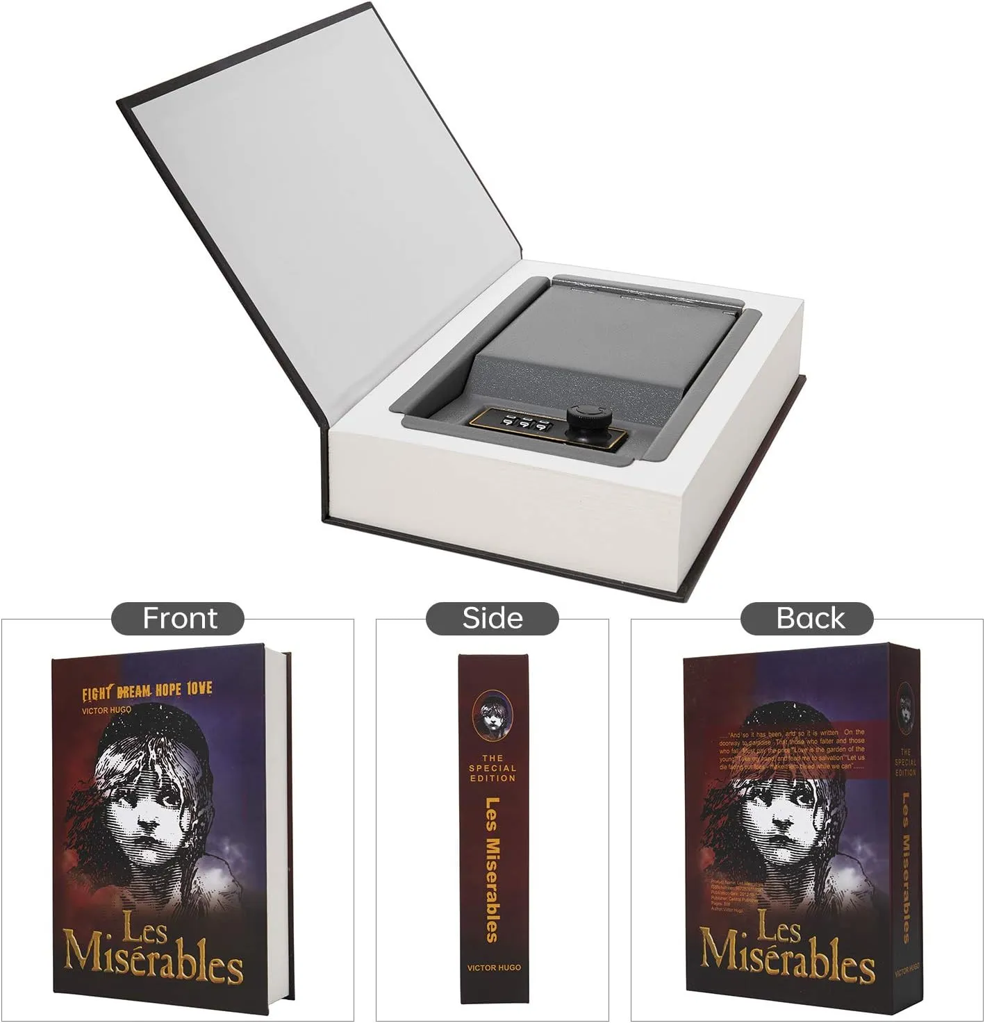 Real Paper Transfer Book Safe, Hollow with Secret Hidden Compartment, Combination Lock, 8.7"×6"×2" (Les Miserables-Combination)