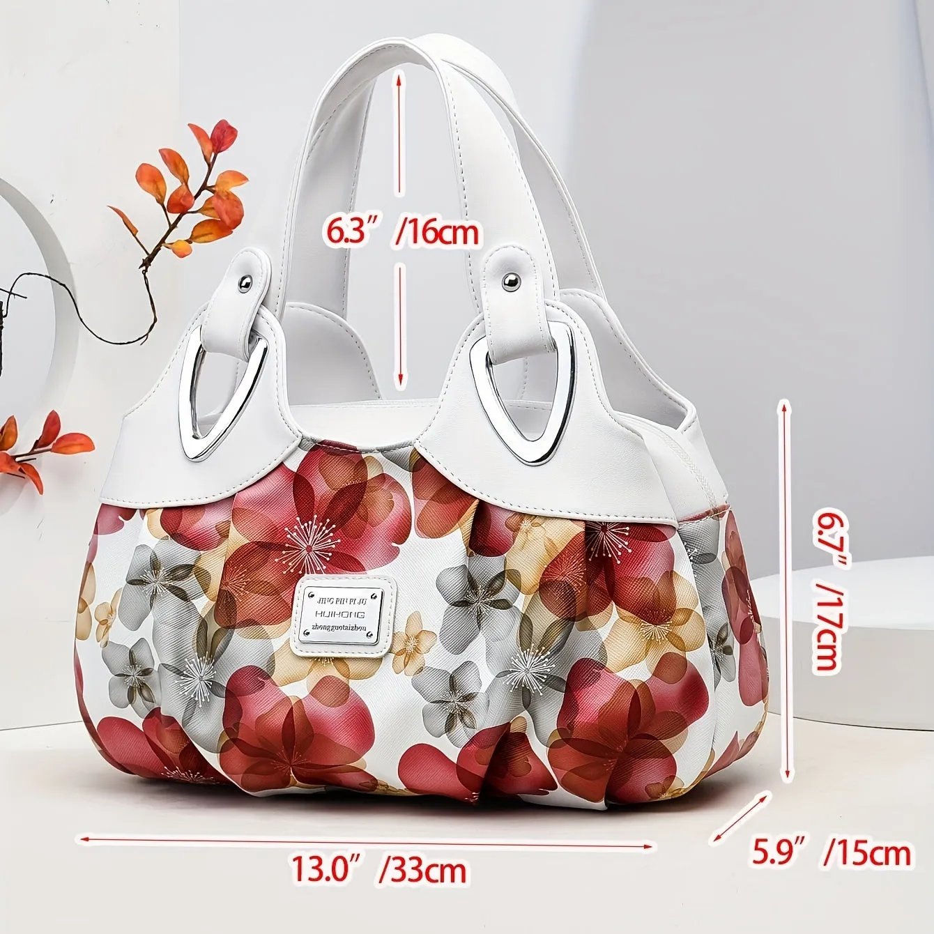 realaiot  Flower Print Handbag For Women, Fashion Ruched Storage Bag, PU Leather Multi Layer Purses