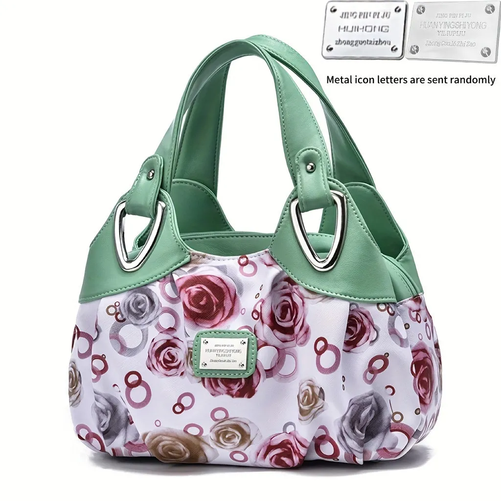 realaiot  Flower Print Handbag For Women, Fashion Ruched Storage Bag, PU Leather Multi Layer Purses