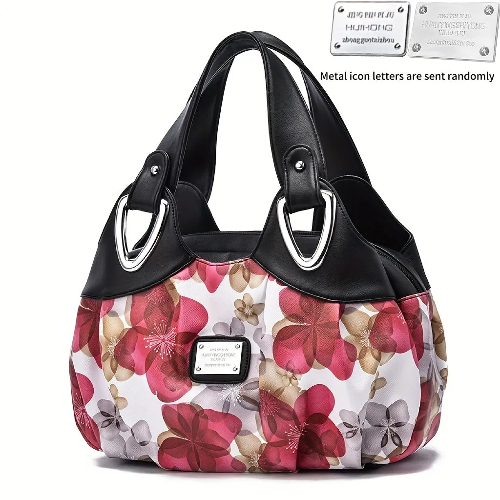 realaiot  Flower Print Handbag For Women, Fashion Ruched Storage Bag, PU Leather Multi Layer Purses