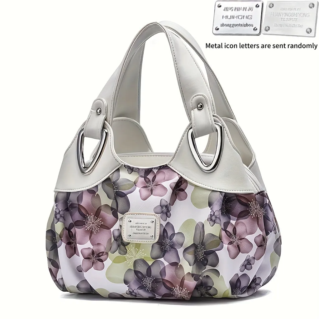 realaiot  Flower Print Handbag For Women, Fashion Ruched Storage Bag, PU Leather Multi Layer Purses