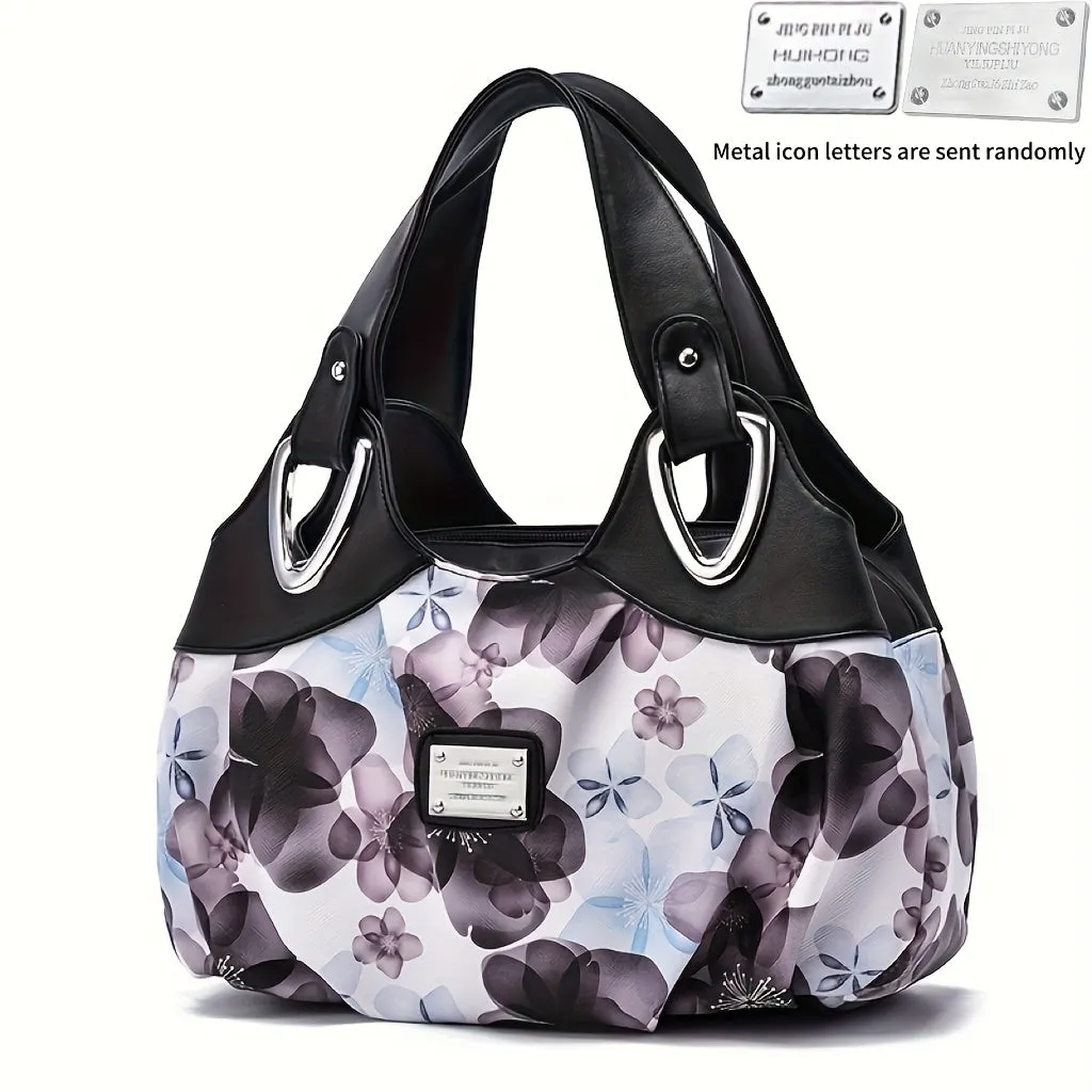 realaiot  Flower Print Handbag For Women, Fashion Ruched Storage Bag, PU Leather Multi Layer Purses