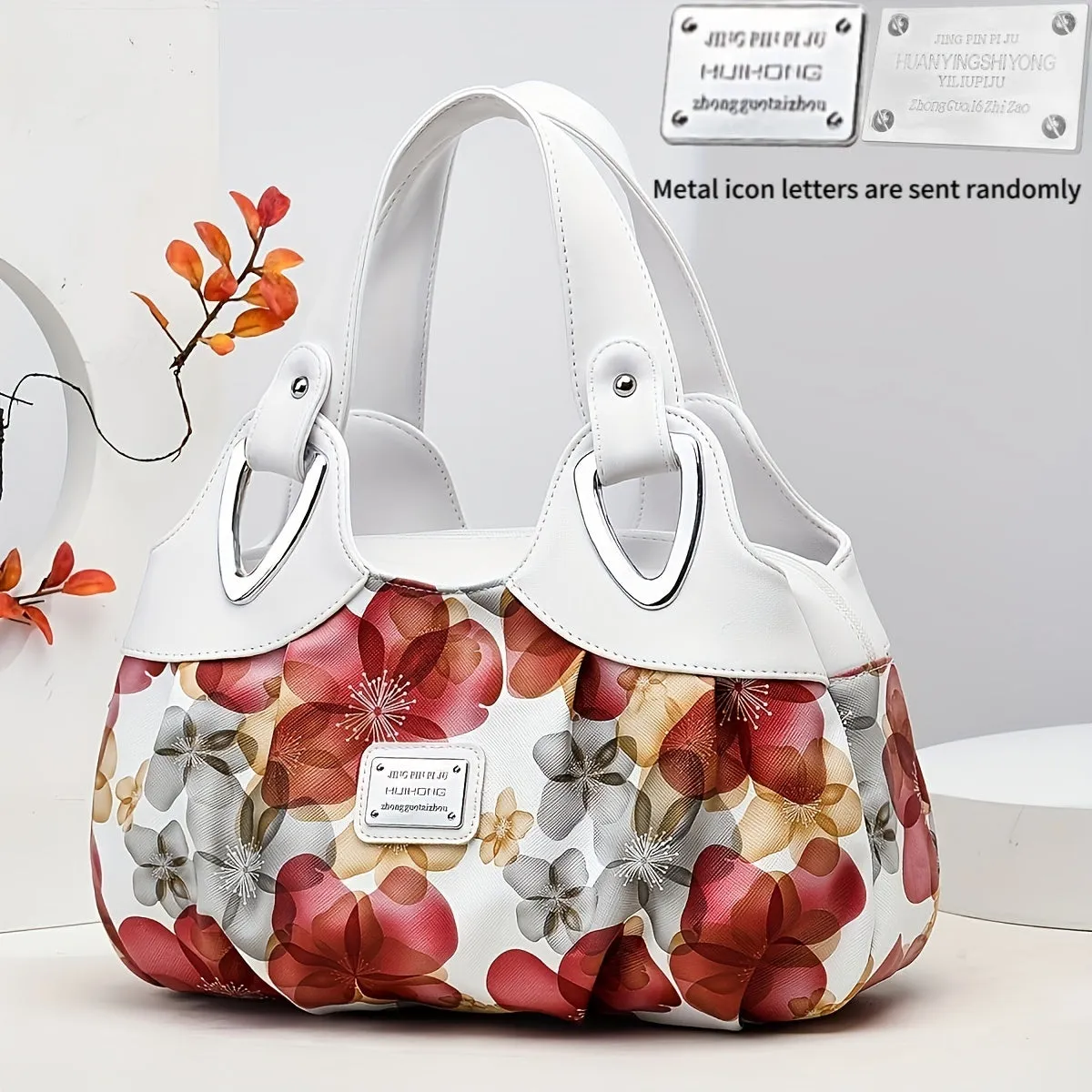 realaiot  Flower Print Handbag For Women, Fashion Ruched Storage Bag, PU Leather Multi Layer Purses