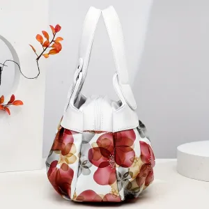 realaiot  Flower Print Handbag For Women, Fashion Ruched Storage Bag, PU Leather Multi Layer Purses
