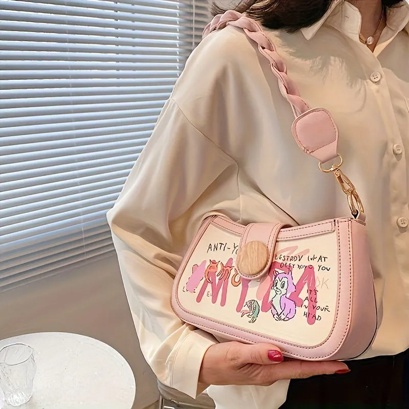 realaiot  Strawberry Shoulder Bag For Women, Y2K Graffiti Pattern Underarm Bag, Trendy Handbag & Purses With Buckle
