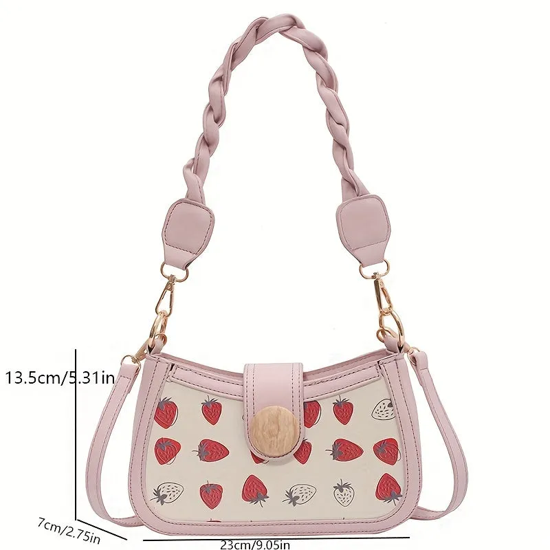 realaiot  Strawberry Shoulder Bag For Women, Y2K Graffiti Pattern Underarm Bag, Trendy Handbag & Purses With Buckle