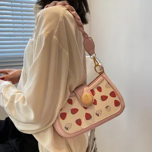 realaiot  Strawberry Shoulder Bag For Women, Y2K Graffiti Pattern Underarm Bag, Trendy Handbag & Purses With Buckle