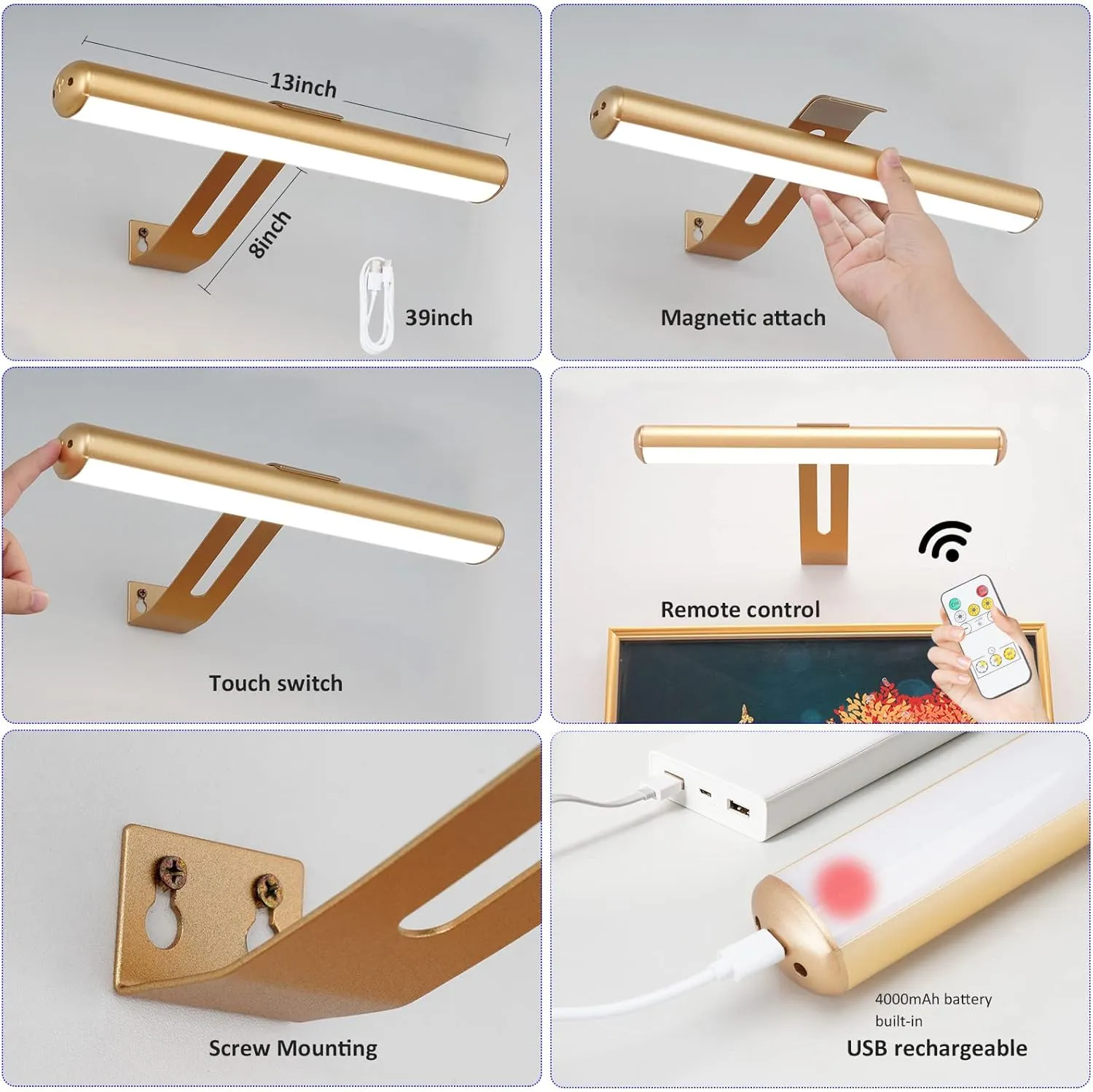 Rechargeable Picture Light, Cordless Picture Light for Paintings with 2 Remotes, Metal Picture Frame Light with 16 LEDs Head, 3Modes, 300LM Dartboard Light with Timer for Display, Art-Gold