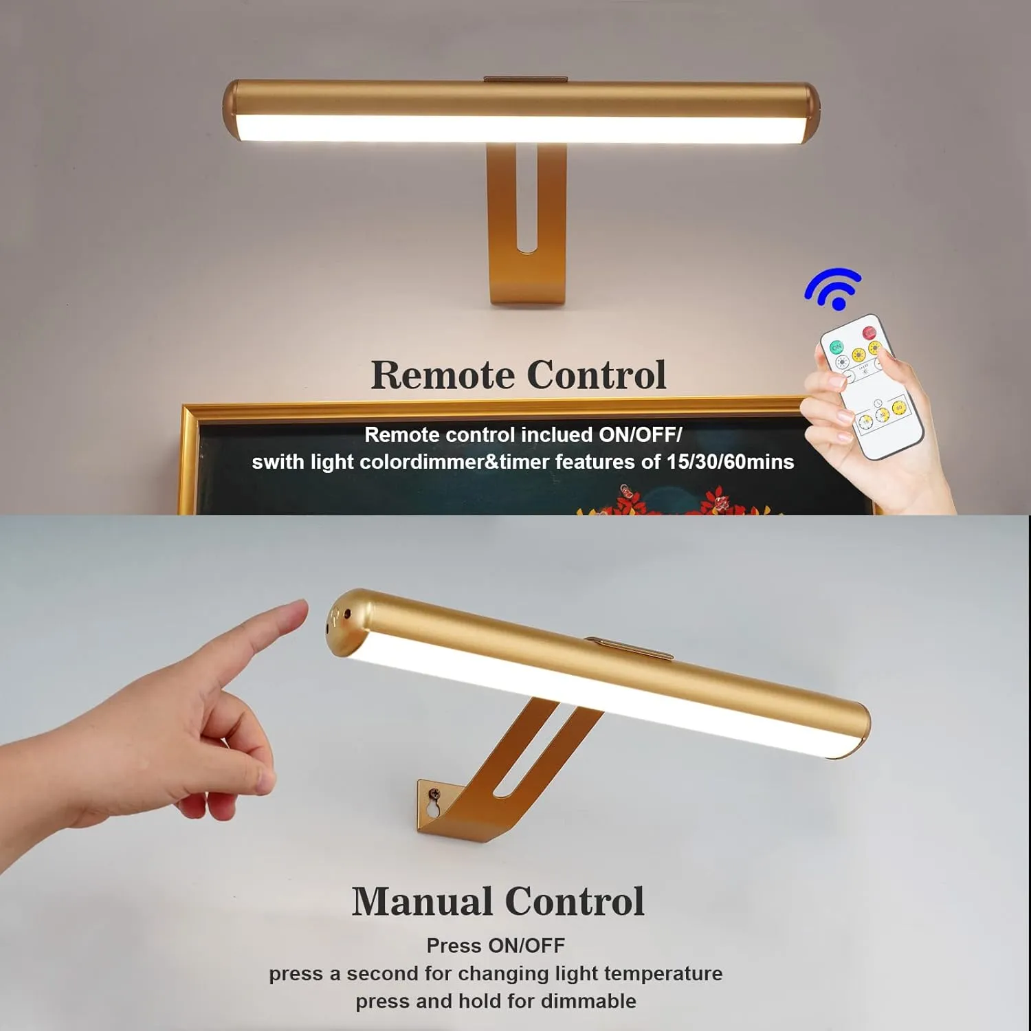 Rechargeable Picture Light, Cordless Picture Light for Paintings with 2 Remotes, Metal Picture Frame Light with 16 LEDs Head, 3Modes, 300LM Dartboard Light with Timer for Display, Art-Gold