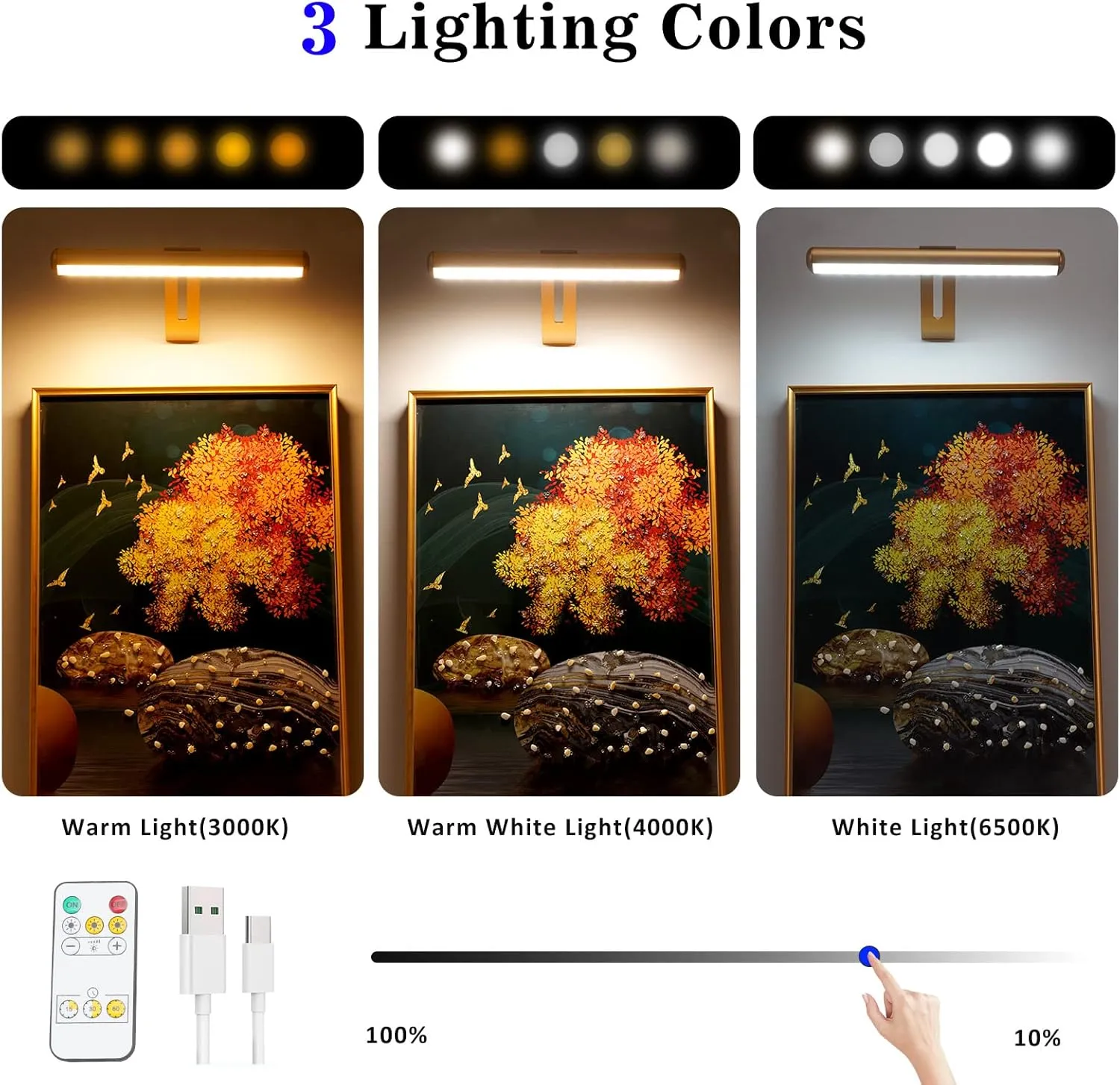 Rechargeable Picture Light, Cordless Picture Light for Paintings with 2 Remotes, Metal Picture Frame Light with 16 LEDs Head, 3Modes, 300LM Dartboard Light with Timer for Display, Art-Gold
