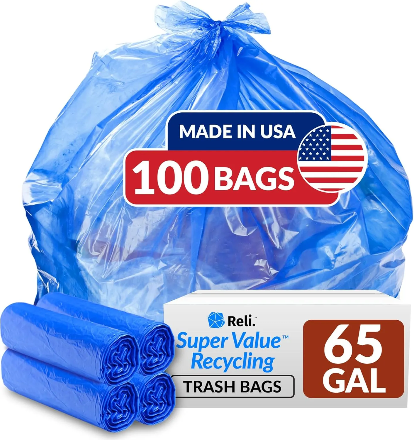 Reli. 65 Gallon Blue Recycling Bags, 100 Count, Heavy Duty, Large Trash Bags