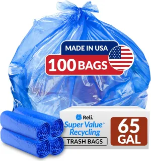 Reli. 65 Gallon Blue Recycling Bags, 100 Count, Heavy Duty, Large Trash Bags