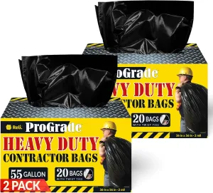 Reli. Contractor Garbage Bags 55 Gallon | 40 Trash Bags | Heavy Duty | Black Contractor