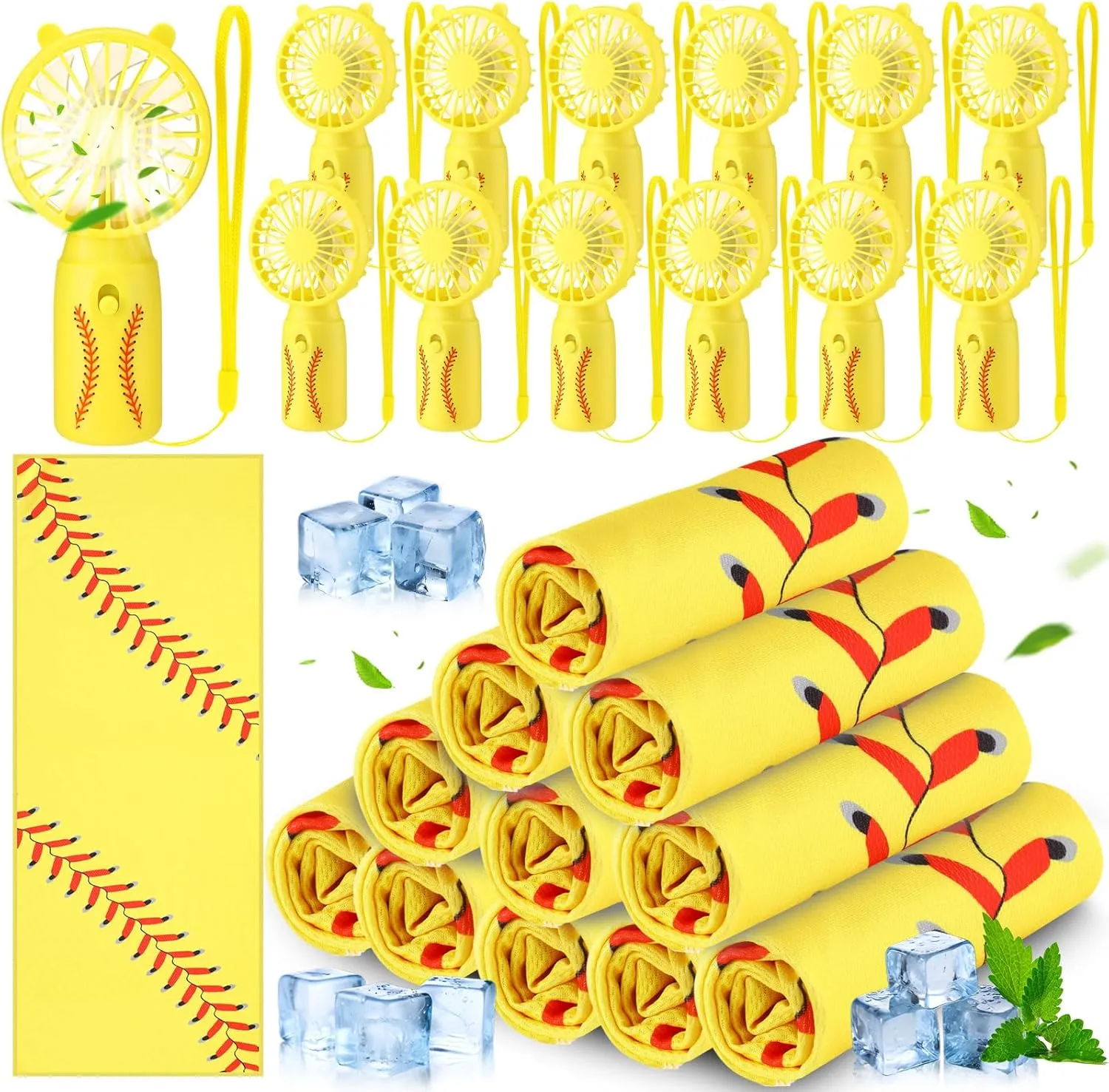 Retisee 24 Pcs Cooling Towel Mini Portable Fan Set 32 x 12 Inch Ice Towel Chilly Handheld Battery Powered Fan Cooling Sport Gifts for Travel Makeup Yoga Camping Running Summer(Softball,Yellow)