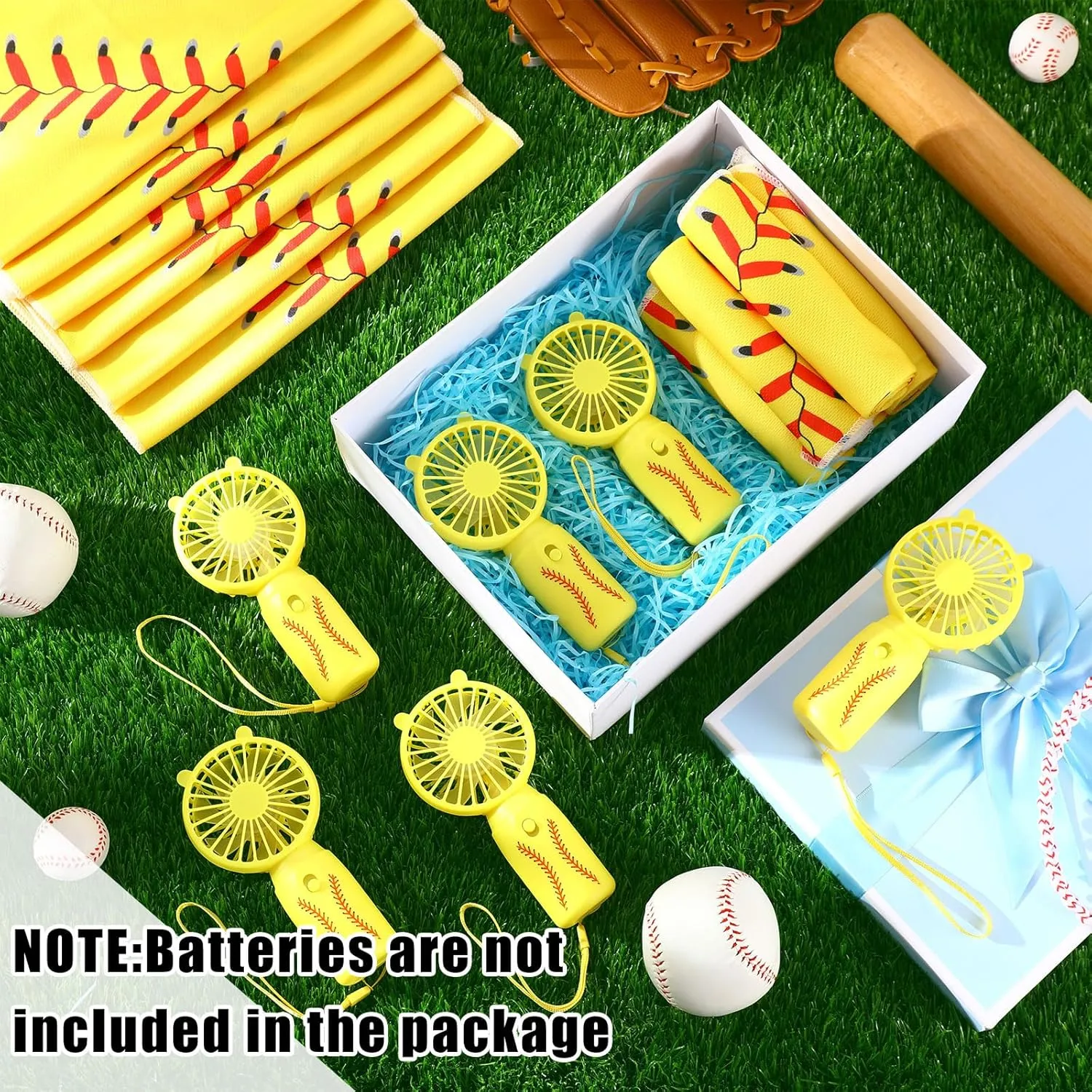 Retisee 24 Pcs Cooling Towel Mini Portable Fan Set 32 x 12 Inch Ice Towel Chilly Handheld Battery Powered Fan Cooling Sport Gifts for Travel Makeup Yoga Camping Running Summer(Softball,Yellow)