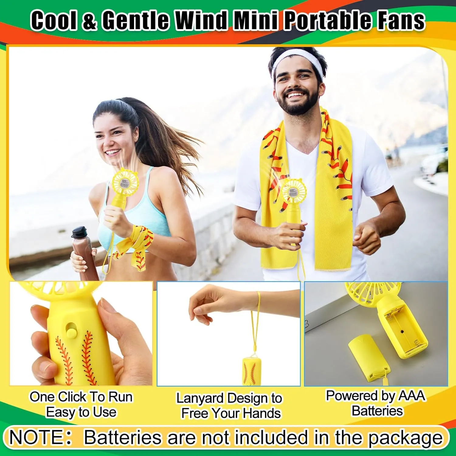 Retisee 24 Pcs Cooling Towel Mini Portable Fan Set 32 x 12 Inch Ice Towel Chilly Handheld Battery Powered Fan Cooling Sport Gifts for Travel Makeup Yoga Camping Running Summer(Softball,Yellow)
