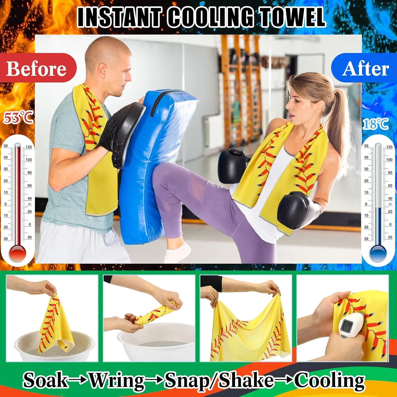 Retisee 24 Pcs Cooling Towel Mini Portable Fan Set 32 x 12 Inch Ice Towel Chilly Handheld Battery Powered Fan Cooling Sport Gifts for Travel Makeup Yoga Camping Running Summer(Softball,Yellow)