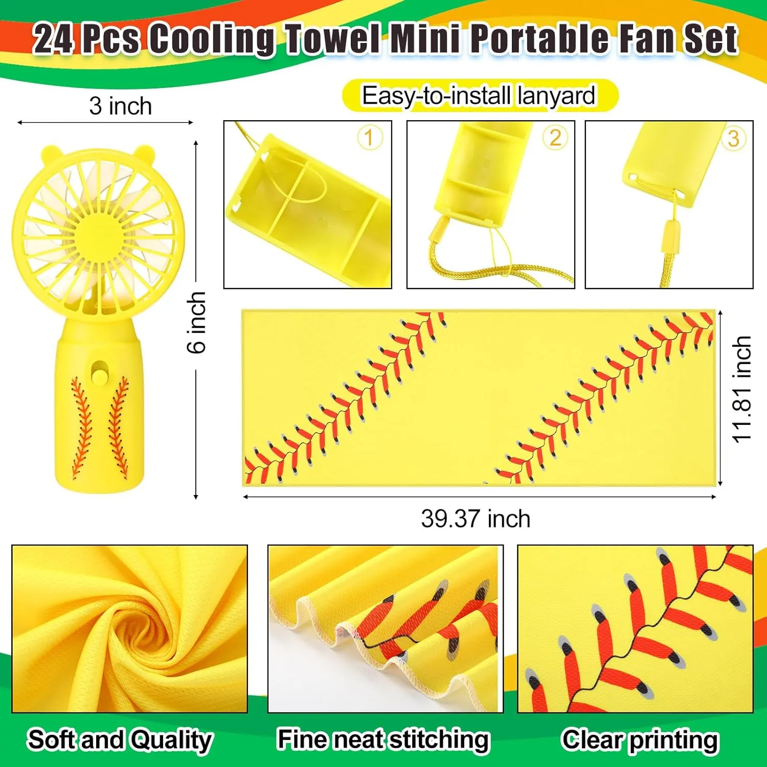 Retisee 24 Pcs Cooling Towel Mini Portable Fan Set 32 x 12 Inch Ice Towel Chilly Handheld Battery Powered Fan Cooling Sport Gifts for Travel Makeup Yoga Camping Running Summer(Softball,Yellow)