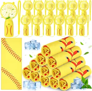 Retisee 24 Pcs Cooling Towel Mini Portable Fan Set 32 x 12 Inch Ice Towel Chilly Handheld Battery Powered Fan Cooling Sport Gifts for Travel Makeup Yoga Camping Running Summer(Softball,Yellow)