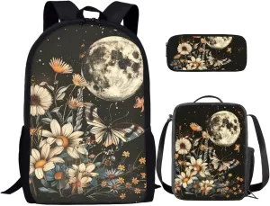 Retro Butterfly Backpacks for Kids Moon Aesthetic School Bag Set Large Capacity Daypack with Lunch Case and Pen Box Shoulder Bookl Bag Custom School Backpack for Primary Schools