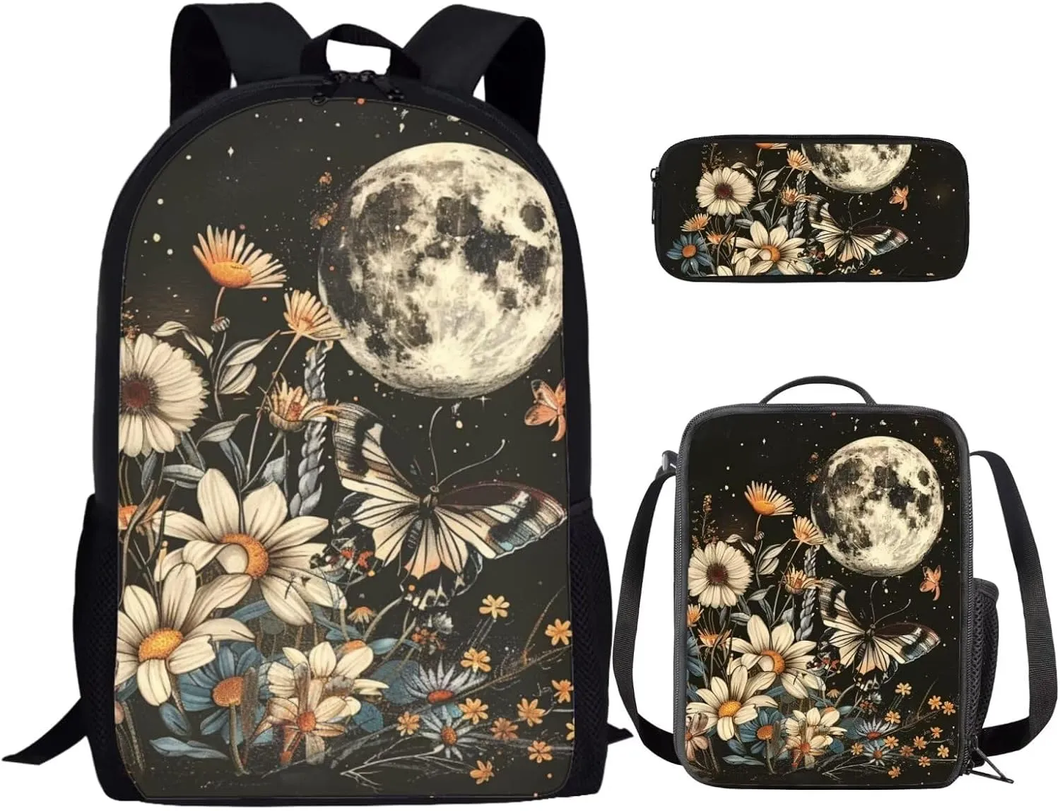 Retro Butterfly Backpacks for Kids Moon Aesthetic School Bag Set Large Capacity Daypack with Lunch Case and Pen Box Shoulder Bookl Bag Custom School Backpack for Primary Schools